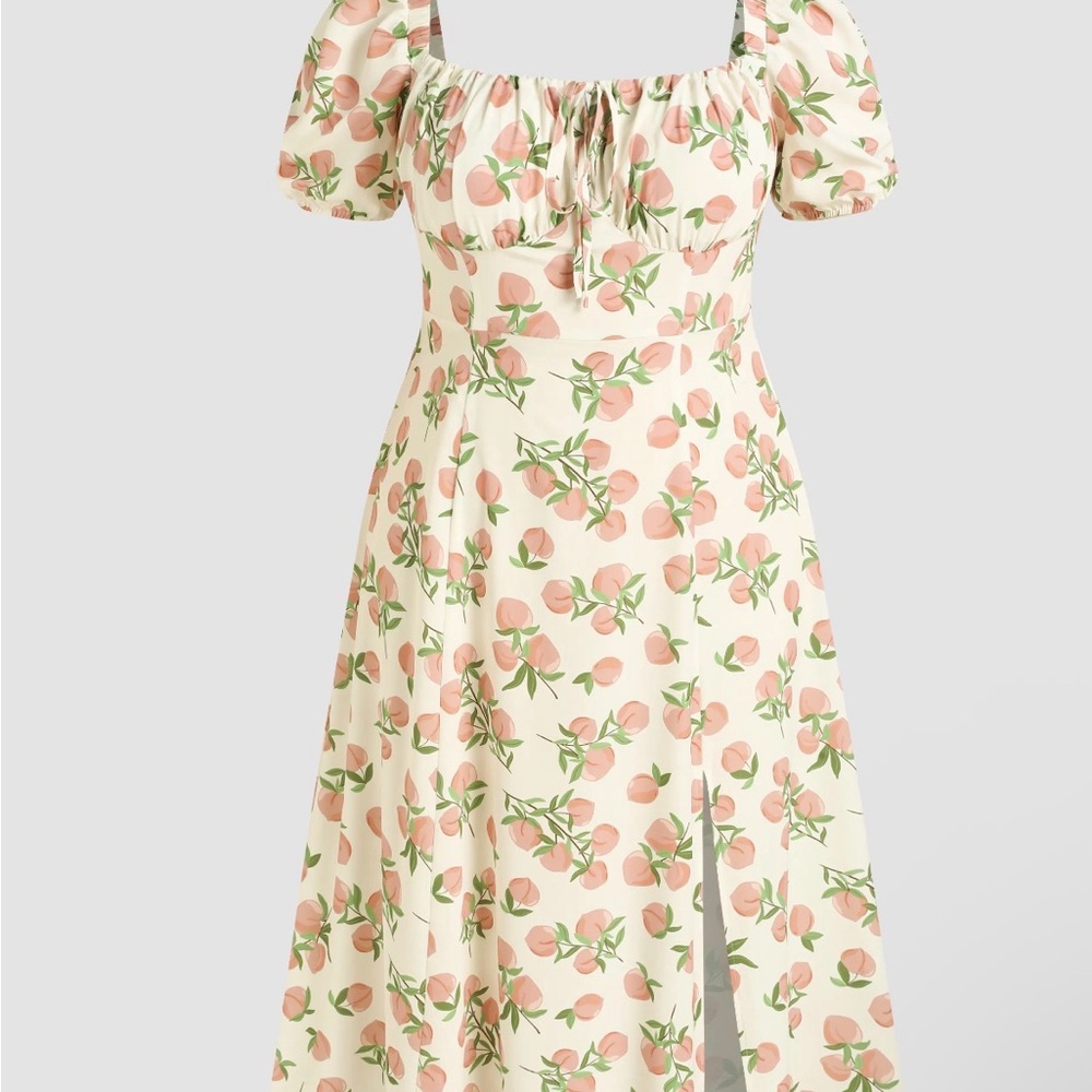 Cider FRUIT SQUARE NECK PUFF SLEEVE MIDI DRESS CURVE & PLUS